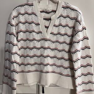 Marled V-Neck Sweater with Black and Pink Stripes